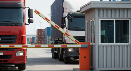 Trucks in line at checkpoint awaiting access is depicted, with transport vehicles and guard booth visible. Queue of trucks and freight transport waits patiently before checkpoint.