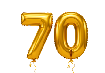 Golden number 70 balloons isolated on transparent background