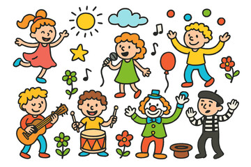 Vibrant Street Performers. Street Performers. Colorful Hand-drawn doodle Children illustration guitar player, drummer, singer with microphone, dancer, juggler,