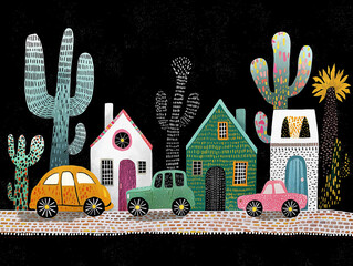 Three small cars sit parked on a quiet street lined with houses and cacti. A cute cartoon town  under a dark night sky. AI-generated illustration
