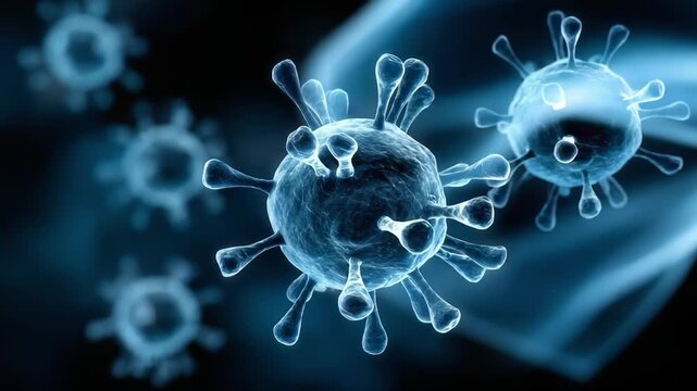 Close-up of blue coronavirus particles with spike proteins in a dark, glowing background