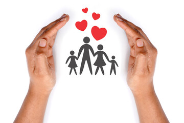 Family with hearts covering by hands. meaningful photo. white background.