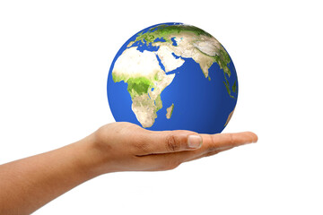 Globe, earth, world in hand. white background