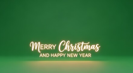 Minimalist Neon Glow Merry Christmas and Happy New Year on Green Studio Background