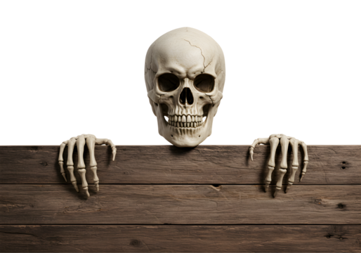 Creepy human skull and skeleton hands emerging from wooden planks isolated on transparent background