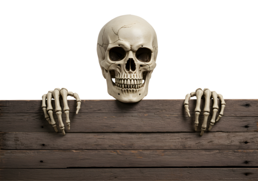 Human skull and skeletal hands emerging from wooden planks isolated on transparent background