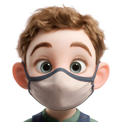 Cartoon boy with brown hair wearing a face mask isolated on transparent background