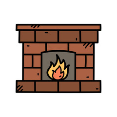 Cartoon Fireplace with Burning Flame in Brick Structure on White Background Firewood Heater Home Interior Decoration