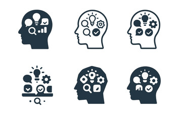 Fototapeta premium Multitasking Mind Logos. Improving your ability to multitask. Set Logo of multitasking mind: head silhouette with multiple icons inside. harmonious logo