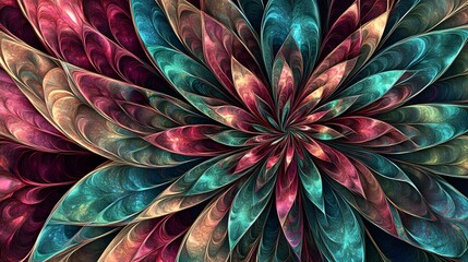 Abstract fractal bloom of teal, pink and gold with leaf petal design