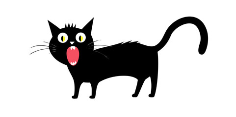 surprised black cat screaming with open mouth and wide eyes in a minimalist style isolated on white