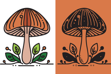 Decorative Minimalist Mushroom, Leaves, and Berries Graphic Illustration.