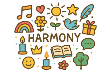 Colorful Harmony Doodles. Harmony. Hand-drawn doodle illustration of Harmony. musical note, rainbow, flower,