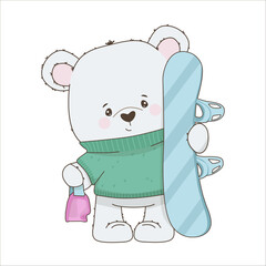 Adorable bear in a cozy sweater holding a snowboard and mask. This vector illustration embodies a playful winter theme, perfect for kids sports designs and holiday decor.