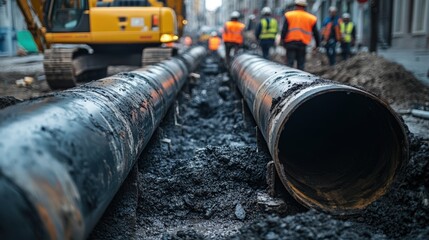 Workers are seen constructing underground infrastructure with large pipes in a busy urban setting, showcasing a blend of machinery and manual labor.