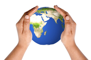Earth in hands on white background. world protection meaningful image.
