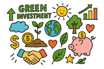 Fototapeta premium Green Investment Doodles. Green Investment. Colorful Hand-drawn doodle Children illustration plant, dollar sign, coin, globe, sun, cloud, tree, chart, arrow,
