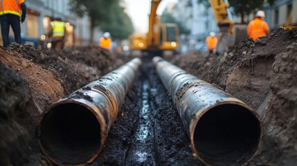 Construction workers are seen digging a trench for large pipes, surrounded by machinery and dirt in an urban environment.