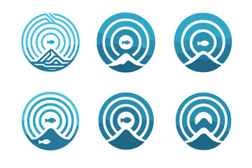 Ocean Sonar Logos. Exploration of ocean depths and undiscovered marine ecosystems. Set Logo of sonar waves: sonar signal radiating through water layers.