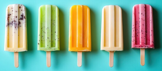 Colorful Popsicles Row on Blue Background Summer Treats