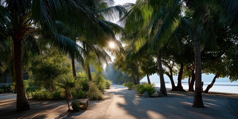 Fototapeta premium Tropical paradise beach pathway lined with palm trees at sunset