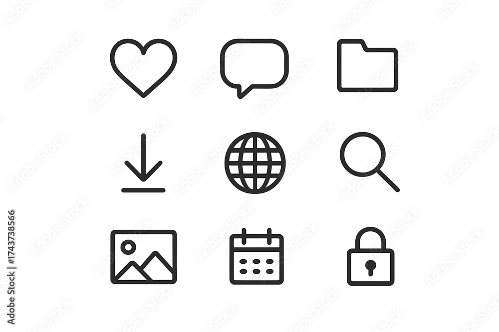Wall mural uniform icon set. equal spacing between icons and equal margins on the edges. uniform icon size acro