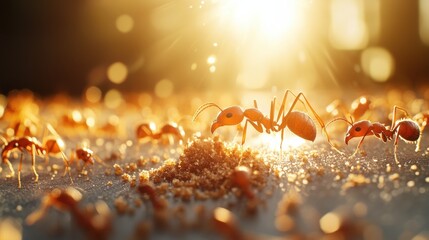 A close-up of ants working together on sandy ground, illuminated by sunlight, showcasing their cooperative nature and vibrant colors.