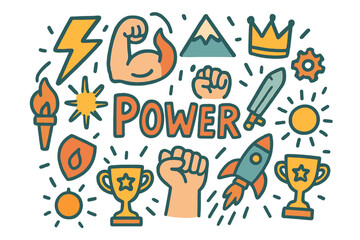 Power Icons Montage. Power. Hand-drawn doodle illustration of Power. lightning bolt, strong arm, flame,
