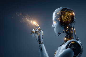 Naklejka premium Humanoid robot with visible artificial intelligence neural networks on dark blue background.