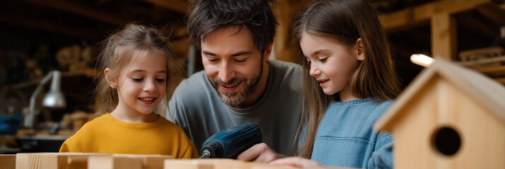 Father and daughters building birdhouse in workshop
