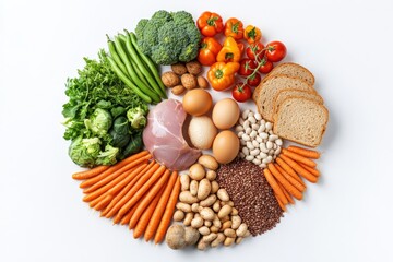 A vibrant assortment of fresh vegetables, proteins, and grains arranged in a circular pattern, promoting a healthy lifestyle and balanced nutrition.