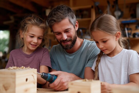 Caucasian male adult and two female children woodworking together in workshop - Powered by Adobe