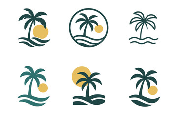 Fototapeta premium Beach Logo Variations. Travel destinations. Set Logo of beach palm: palm tree with waves and sun. harmonious logo variations of the same emblematic concept,