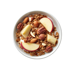 Healthy breakfast bowl with granola, yogurt, apple slices, and nuts