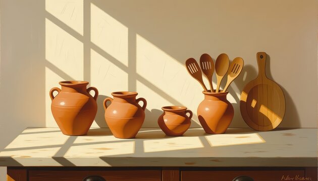 Traditional clay pots and wooden utensils arranged on a kitchen counter, with morning light casting warm shadows, captured realistically to convey authentic and worn textures in a cultural kitchen sce