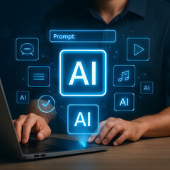 AI Automation and Processing Technology for Efficient Workflow Management and Innovation. professional using a laptop with an virtual assistant, chatbot, data analytics