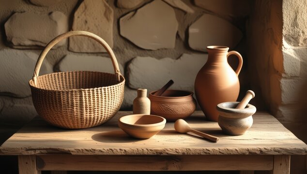 Traditional clay pots and wooden utensils arranged on a kitchen counter, with morning light casting warm shadows, captured realistically to convey authentic and worn textures in a cultural kitchen sce