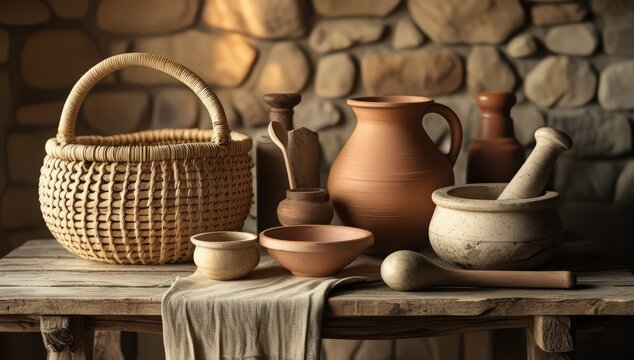 Traditional clay pots and wooden utensils arranged on a kitchen counter, with morning light casting warm shadows, captured realistically to convey authentic and worn textures in a cultural kitchen sce