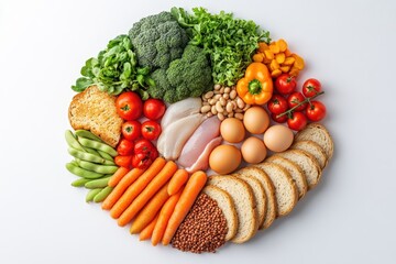 A vibrant arrangement of fresh vegetables, fruits, and proteins, showcasing a healthy lifestyle and balanced diet.