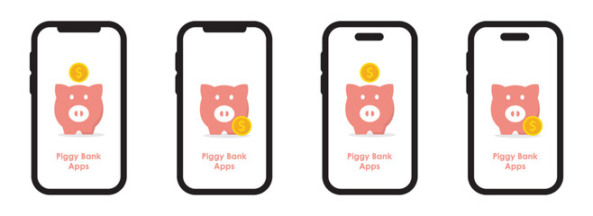 Piggy bank on phone. Digital bank apps icon, vector illustration
