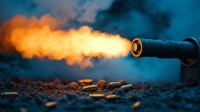 Cannon firing with smoke and bullets in the foreground.