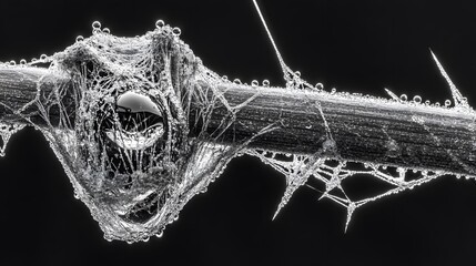 Monochrome macro shot of water droplets on spiderweb covered twig with black background.