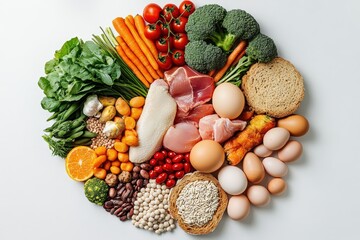 A colorful arrangement of fresh vegetables, fruits, meats, and grains, showcasing a healthy and vibrant food selection.