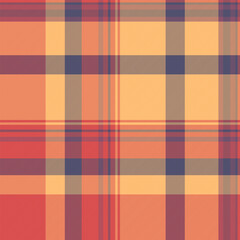 Warmtoned plaid pattern. Seamless design with intersecting lines in red, orange, and blue hues. Ideal for fashion, textile, or design backgrounds. Versatile and timeless.