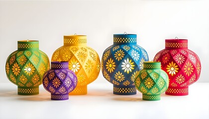 Colorful paper lanterns isolated on a white background, Festive theme and vibes 
