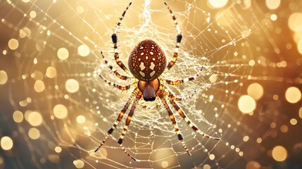 Detailed spider in web with bokeh lights creating a captivating and eerie mood