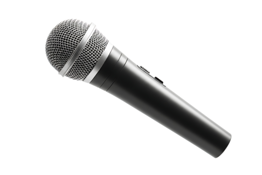 black microphone with a silver grille. Isolated on transparent background, png