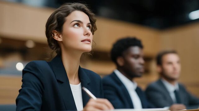 Panel of female and male jurors observing witness testimony with serious expressions while taking notes, symbolizing courtroom diligence, unbiased assessment, professional evaluation, legal
