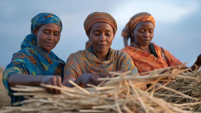 Savanna cooperative with Kenyan women threshing millet, drought-resistant eco-farming, women-led resilient harvest, African organic distribution. three-quarter wide angle, cinematic color