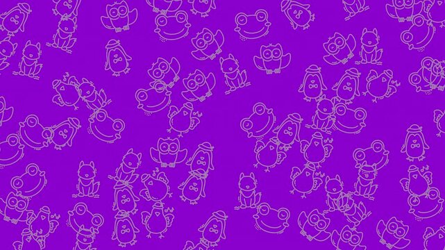 Purple background with white frog and owl outlines. Perfect for kids products, stationery, and background designs for various projects.